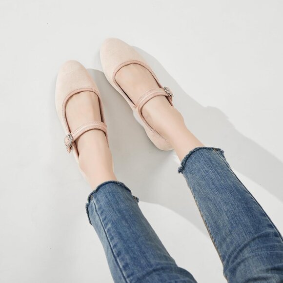 Babudog Womens Nude Faux Suede Rounded Toe Ankle Strap With Buckle Flats - Picture 9 of 9